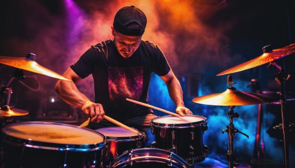 solo,shirt,black hair,1boy,hat,male focus,blurry,black shirt,black headwear,facial hair,bird,t-shirt,instrument,microphone,baseball cap,realistic,music,playing instrument,backwards hat,drum,drumsticks,drum set,manly