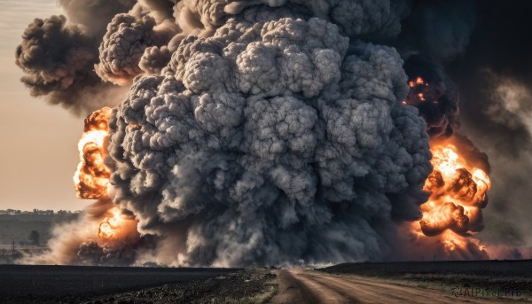 outdoors,sky,cloud,no humans,glowing,fire,scenery,glowing eyes,smoke,monster,explosion,dust,destruction,molten rock,military,ground vehicle,motor vehicle,military vehicle,battle