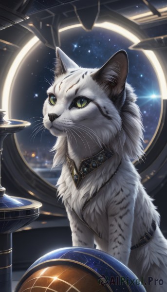 solo,jewelry,green eyes,sky,indoors,signature,collar,no humans,night,animal,cat,gem,star (sky),night sky,starry sky,space,animal focus,whiskers,artist name,necklace,realistic,white fur,planet,globe