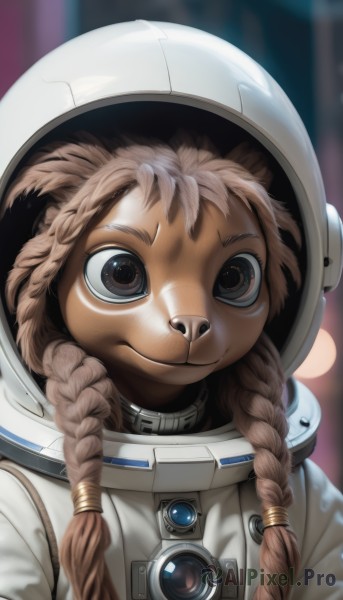 1girl,solo,long hair,looking at viewer,smile,brown hair,animal ears,brown eyes,closed mouth,upper body,braid,dark skin,blurry,twin braids,dark-skinned female,blurry background,helmet,portrait,hair over shoulder,furry,furry female,spacesuit,astronaut,:3