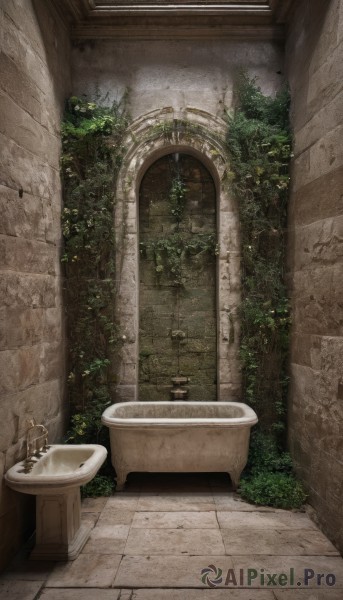 solo,1boy,sitting,outdoors,indoors,tree,no humans,window,plant,scenery,door,wall,pillar,arch,day,water,bush,bathtub,sink,faucet,overgrown