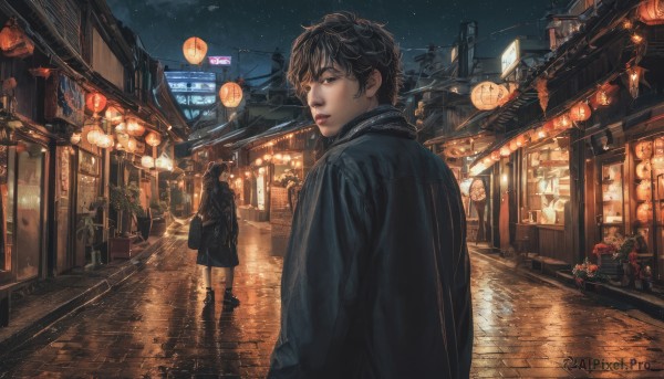 1girl,looking at viewer,short hair,brown hair,black hair,1boy,2girls,brown eyes,standing,outdoors,sky,solo focus,looking back,bag,from behind,scarf,lips,coat,dutch angle,night,plant,building,star (sky),night sky,scenery,starry sky,reflection,walking,black coat,lantern,city,sign,realistic,road,architecture,east asian architecture,power lines,street,paper lantern,pavement,bangs,long sleeves,jacket,male focus,boots,parted lips,multiple boys,black footwear,black jacket,window,rain,handbag,potted plant,shop,people,vanishing point,storefront