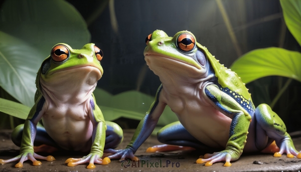 HQ,sitting,closed mouth,full body,outdoors,signature,blurry,wet,no humans,animal,leaf,plant,realistic,frog,animal focus,lizard,yellow eyes,blurry background,light rays,horizontal pupils