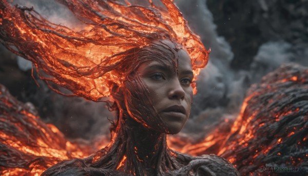 A female amidst a idyllic fiery dynamic scene