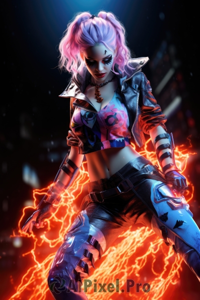 1girl,solo,breasts,looking at viewer,smile,blue eyes,gloves,navel,cleavage,twintails,jewelry,medium breasts,standing,jacket,ponytail,pink hair,multicolored hair,open clothes,choker,black gloves,midriff,belt,pants,fingerless gloves,necklace,blurry,collar,two-tone hair,open jacket,official alternate costume,lips,black jacket,crop top,torn clothes,tattoo,makeup,glowing,wavy hair,facial mark,black pants,fire,lipstick,buckle,cropped jacket,legs apart,belt buckle,nose,red lips,electricity,facial tattoo,torn pants,torn jeans,torn jacket,red eyes,spikes,leather