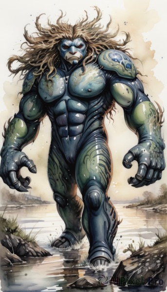 solo,long hair,blonde hair,red eyes,1boy,nipples,standing,full body,male focus,teeth,water,wet,muscular,colored skin,abs,muscular male,walking,monster,blue skin,giant,green skin,no pupils,alien,armor,no humans,fangs,rock