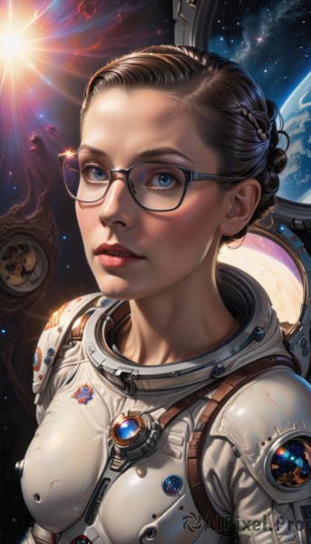 1girl,solo,breasts,looking at viewer,short hair,blue eyes,brown hair,black hair,upper body,braid,small breasts,parted lips,sky,glasses,hair bun,armor,lips,bodysuit,makeup,lipstick,star (sky),science fiction,black-framed eyewear,realistic,nose,sun,red lips,space,planet,earth (planet),spacesuit,astronaut,lens flare,emblem,spacecraft