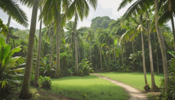 outdoors,sky,day,tree,no humans,sunlight,grass,plant,nature,scenery,forest,palm tree,bush,cloud,blue sky,road,landscape,path