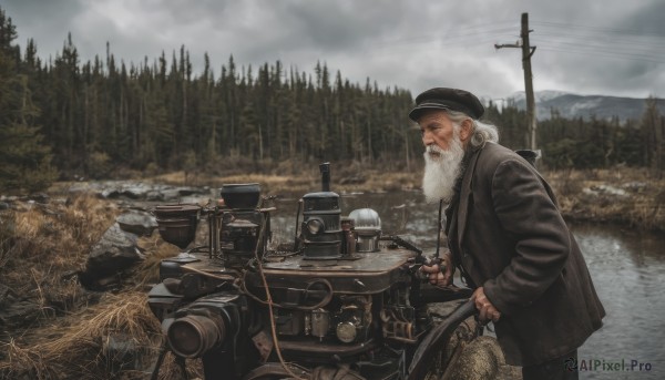 solo,long sleeves,1boy,hat,jacket,weapon,white hair,male focus,outdoors,sky,cloud,from side,tree,coat,black jacket,gun,military,black headwear,facial hair,ring,cloudy sky,ground vehicle,nature,motor vehicle,beard,forest,mountain,realistic,mustache,military vehicle,leather,old,motorcycle,old man,river,grey sky,day,pants,water,profile,grass,scenery,power lines,utility pole,landscape