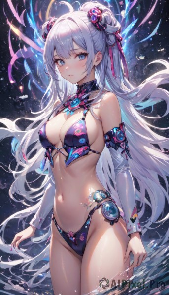 1girl,solo,long hair,breasts,looking at viewer,blush,bangs,blue eyes,large breasts,hair ornament,ribbon,navel,cleavage,bare shoulders,medium breasts,very long hair,closed mouth,standing,swimsuit,hair ribbon,ahoge,white hair,sidelocks,bikini,thighs,cowboy shot,parted lips,detached sleeves,water,stomach,hair bun,nail polish,groin,wet,double bun,detached collar,floating hair,highleg,revealing clothes,string bikini,wading,hair rings,gold trim,highleg bikini,long sleeves,black bikini,expressionless,tassel