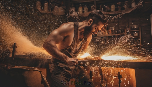 solo,short hair,black hair,1boy,bare shoulders,male focus,pants,indoors,cup,leaning forward,muscular,facial hair,looking down,table,tank top,bottle,beard,alcohol,realistic,fireworks,sepia,bar (place),holding,apron,from side,wet,bare arms,muscular male,stubble,manly,brown theme