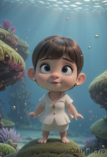 1girl,solo,looking at viewer,smile,short hair,bangs,brown hair,shirt,jewelry,standing,full body,white shirt,short sleeves,earrings,parted lips,shorts,barefoot,artist name,water,chibi,black eyes,sunlight,child,freckles,bubble,light rays,white shorts,underwater,female child,air bubble,male child,coral,blue eyes,skirt,necklace,lips,fish,rock