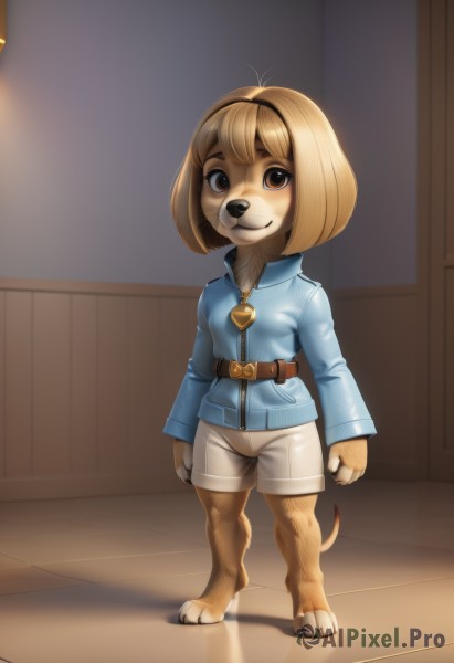 1girl,solo,breasts,looking at viewer,smile,short hair,bangs,blonde hair,brown hair,shirt,long sleeves,animal ears,brown eyes,jewelry,closed mouth,standing,jacket,tail,full body,small breasts,shorts,barefoot,belt,artist name,indoors,necklace,short shorts,bell,antenna hair,blue jacket,dog ears,furry,dog tail,white shorts,wooden floor,furry female,dog girl,body fur,animal nose,snout,furrification,hairband,bob cut,buckle,dog,belt buckle,brown fur