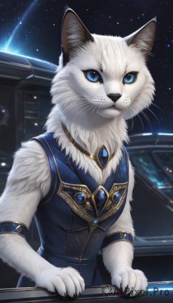 solo,looking at viewer,blue eyes,jewelry,closed mouth,upper body,sky,no humans,night,animal,cat,brooch,gem,star (sky),night sky,furry,starry sky,space,animal focus,white fur,whiskers,1girl,cat ears,signature,vest,slit pupils,white cat