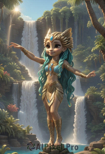 1girl,solo,long hair,breasts,smile,skirt,navel,brown eyes,jewelry,very long hair,blue hair,standing,full body,braid,flower,small breasts,outdoors,green hair,sky,barefoot,day,midriff,dark skin,water,necklace,nail polish,twin braids,bracelet,dark-skinned female,tree,lips,fingernails,aqua hair,toes,watermark,sunlight,outstretched arms,plant,gem,nature,web address,armlet,toenails,palm tree,sun,toenail polish,headdress,toeless legwear,bracer,tiptoes,loincloth,waterfall,tribal,barefoot sandals,bare shoulders,artist name,cloud,blue sky,makeup,leaf,wavy hair,facial mark,sandals,crown,freckles,curly hair,rock,bush,forehead jewel