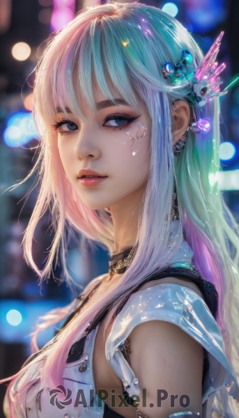 1girl,solo,long hair,breasts,looking at viewer,bangs,blue eyes,hair ornament,jewelry,medium breasts,blue hair,upper body,pink hair,multicolored hair,earrings,parted lips,choker,artist name,mole,blurry,from side,two-tone hair,lips,grey eyes,eyelashes,mole under eye,gradient hair,makeup,depth of field,blurry background,facial mark,piercing,ear piercing,eyeshadow,science fiction,realistic,nose,mascara,cyberpunk,sidelocks,teeth,necklace,armor,looking to the side,watermark,gem,portrait,armlet,bokeh