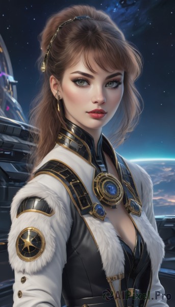 1girl,solo,long hair,breasts,looking at viewer,bangs,brown hair,hair ornament,cleavage,brown eyes,jewelry,medium breasts,green eyes,upper body,ponytail,earrings,parted lips,sky,signature,vest,lips,fur trim,eyelashes,makeup,lipstick,star (sky),eyeshadow,starry sky,science fiction,realistic,nose,red lips,eyeliner,space,planet,earth (planet),spacecraft,jacket,artist name,freckles,emblem,badge