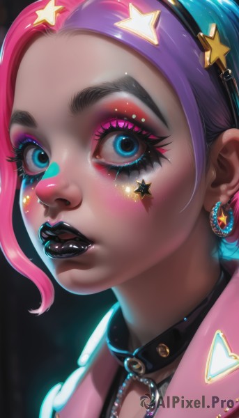 1girl,solo,looking at viewer,blush,short hair,open mouth,blue eyes,hair ornament,jewelry,blue hair,jacket,pink hair,purple hair,multicolored hair,hairband,earrings,parted lips,choker,shiny,star (symbol),collar,two-tone hair,lips,eyelashes,gradient hair,makeup,black choker,facial mark,piercing,thick eyebrows,lipstick,portrait,close-up,forehead,eyeshadow,zipper,nose,red lips,eyeliner,pink jacket,star earrings,facial tattoo,mascara,black lips,nose piercing,blue eyeshadow,heart,teeth,artist name,chain,ear piercing,spikes,star hair ornament,realistic,spiked collar,eyebrow piercing