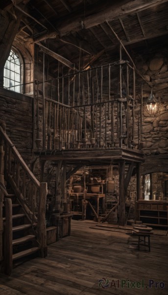 monochrome,indoors,no humans,window,chair,table,sunlight,scenery,lantern,wooden floor,stairs,railing,ruins,cage,ceiling,ladder,arch,barrel,chandelier,crate,wood,fantasy,door,lamp,candle,architecture,stone floor,stone wall,wooden chair