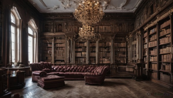 day,indoors,book,no humans,window,chair,table,sunlight,scenery,couch,wooden floor,stairs,bookshelf,lamp,candle,book stack,library,armchair,ceiling,carpet,candlestand,rug,chandelier,pillow,bed,light rays,cabinet,fireplace