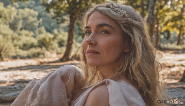 1girl,solo,long hair,looking at viewer,blonde hair,dress,brown eyes,upper body,braid,outdoors,day,dark skin,white dress,blurry,dark-skinned female,tree,lips,depth of field,blurry background,portrait,realistic,nose,gloves,parted lips,tiara,veil,photo background