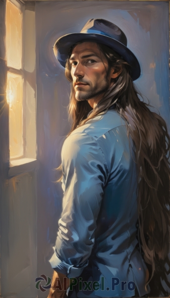 solo,long hair,looking at viewer,brown hair,shirt,long sleeves,1boy,hat,brown eyes,very long hair,standing,white shirt,upper body,male focus,parted lips,collared shirt,looking back,pants,indoors,signature,from behind,lips,window,black headwear,facial hair,sunlight,beard,sleeves rolled up,realistic,nose,closed mouth,black eyes,blue shirt,blue headwear,mustache,light,manly