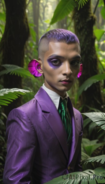 solo,looking at viewer,short hair,shirt,hair ornament,1boy,closed mouth,jacket,white shirt,upper body,purple hair,flower,male focus,multicolored hair,outdoors,necktie,collared shirt,artist name,hair flower,black eyes,tree,makeup,leaf,formal,suit,plant,lipstick,nature,eyeshadow,forest,realistic,purple jacket,very short hair,green necktie,green eyes,earrings,dark skin,blurry,dark-skinned male