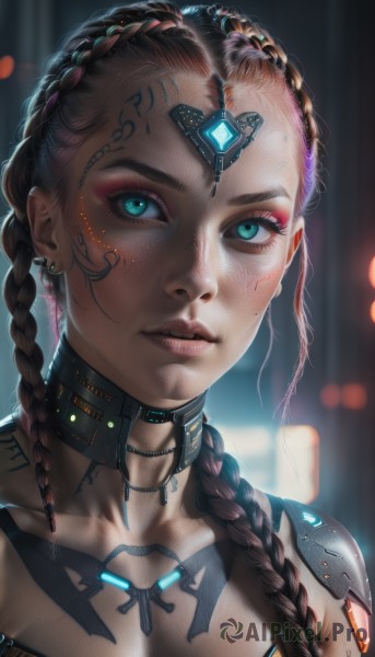 1girl,solo,long hair,breasts,looking at viewer,blue eyes,brown hair,hair ornament,cleavage,jewelry,green eyes,upper body,braid,multicolored hair,earrings,parted lips,choker,artist name,dark skin,necklace,mole,blurry,twin braids,aqua eyes,dark-skinned female,lips,eyelashes,single braid,tattoo,makeup,blurry background,glowing,facial mark,piercing,ear piercing,portrait,forehead,eyeshadow,freckles,science fiction,realistic,nose,eyeliner,cyborg,mascara,cyberpunk,neck tattoo,multiple braids,black hair,collarbone,teeth,lipstick,hair over shoulder,close-up