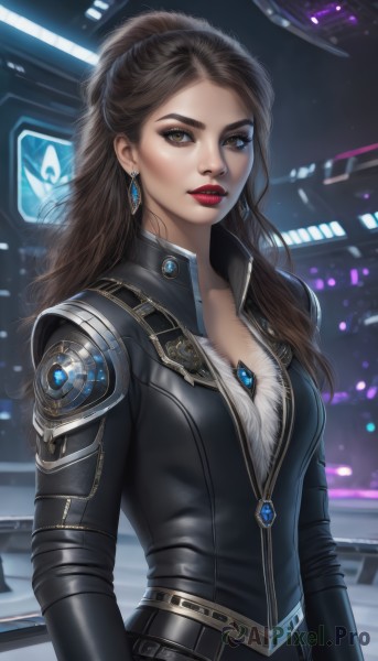 1girl,solo,long hair,breasts,looking at viewer,brown hair,cleavage,brown eyes,jewelry,medium breasts,jacket,upper body,ponytail,earrings,parted lips,belt,necklace,lips,bodysuit,makeup,night,lipstick,gem,eyeshadow,science fiction,realistic,nose,red lips,black hair,signature,zipper