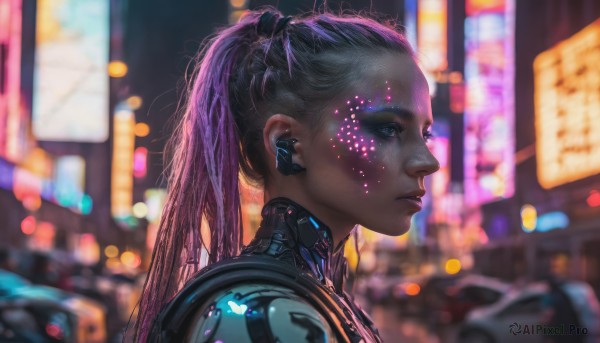 1girl, solo, long hair, jewelry, upper body, ponytail, pink hair, purple hair, earrings, blurry, from side, lips, eyelashes, profile, blurry background, science fiction, realistic, nose, android, cyborg, city lights, cyberpunk, neon lights