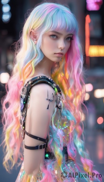 1girl,solo,long hair,looking at viewer,bangs,blue eyes,blonde hair,dress,bare shoulders,jewelry,very long hair,closed mouth,blue hair,upper body,pink hair,multicolored hair,earrings,sleeveless,belt,artist name,blurry,from side,two-tone hair,lips,grey eyes,eyelashes,gradient hair,makeup,depth of field,blurry background,watermark,wavy hair,web address,realistic,nose,bokeh,rainbow hair,breasts,white hair,necklace,expressionless,piercing,gem,ear piercing,armlet,science fiction,cyberpunk