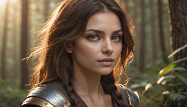 1girl,solo,long hair,looking at viewer,brown hair,brown eyes,closed mouth,braid,outdoors,day,armor,blurry,twin braids,tree,lips,eyelashes,depth of field,blurry background,sunlight,plant,shoulder armor,portrait,nature,close-up,forest,freckles,pauldrons,realistic,nose,collarbone,artist name,forehead,backlighting