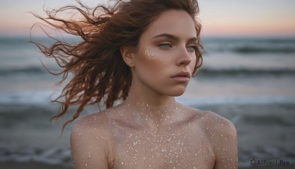 1girl,solo,long hair,blue eyes,brown hair,collarbone,upper body,nude,outdoors,parted lips,dark skin,water,blurry,lips,floating hair,blurry background,ocean,looking away,beach,wind,portrait,freckles,realistic,nose,sand,bare shoulders,closed mouth,mole,eyelashes,depth of field,facial mark,expressionless,messy hair,looking afar,waves