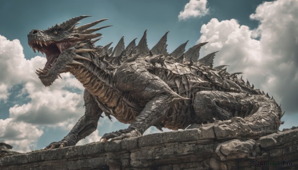 open mouth,tail,outdoors,sky,teeth,day,cloud,blue sky,no humans,cloudy sky,sharp teeth,claws,spikes,monster,dragon,scales,ruins,dinosaur,kaijuu,solo,yellow eyes,horns