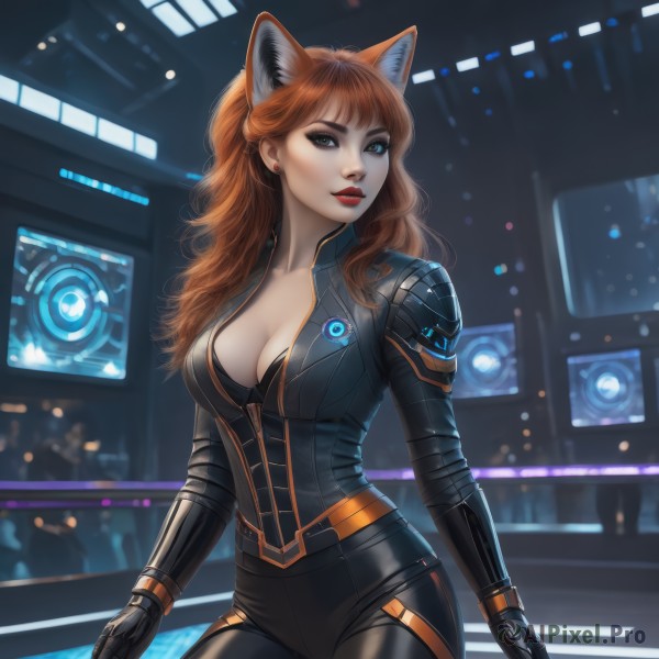 1girl,solo,long hair,breasts,looking at viewer,bangs,large breasts,brown hair,gloves,animal ears,cleavage,brown eyes,jewelry,medium breasts,sitting,collarbone,cowboy shot,earrings,parted lips,black gloves,artist name,indoors,cat ears,orange hair,blurry,lips,fox ears,bodysuit,makeup,blurry background,wavy hair,lipstick,extra ears,eyeshadow,freckles,black bodysuit,red lips,stud earrings,eyeliner,underwear,green eyes,red hair,bra,fake animal ears,black bra,skin tight,science fiction,realistic,unzipped