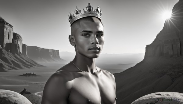 solo,looking at viewer,1boy,jewelry,closed mouth,nipples,collarbone,monochrome,upper body,greyscale,male focus,earrings,outdoors,dark skin,necklace,crown,pectorals,topless male,mountain,realistic,sun,planet,castle,short hair,muscular,piercing,sunlight,muscular male,scenery,watercraft