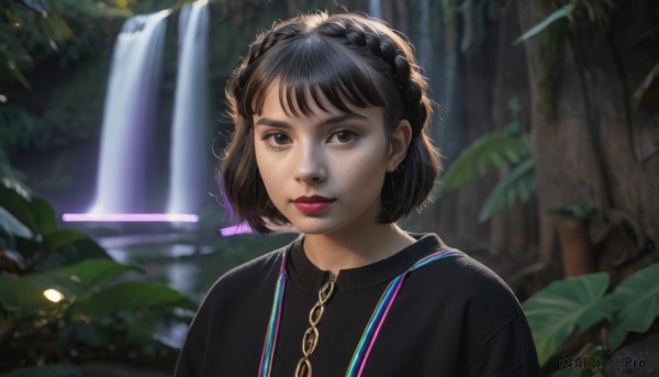 1girl,solo,looking at viewer,smile,short hair,bangs,shirt,black hair,brown eyes,closed mouth,upper body,braid,outdoors,artist name,water,mole,blurry,black eyes,sweater,lips,black shirt,makeup,depth of field,blurry background,plant,lipstick,nature,freckles,realistic,nose,red lips,crown braid,black sweater,waterfall,chain,leaf,sunlight,bob cut