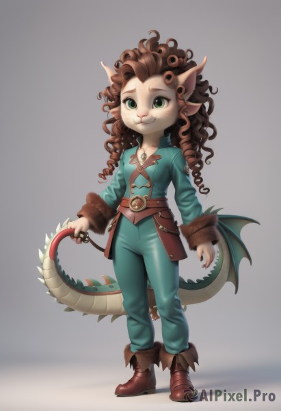 1girl,solo,long hair,smile,simple background,brown hair,shirt,long sleeves,animal ears,jewelry,closed mouth,green eyes,standing,tail,full body,boots,wings,horns,pointy ears,belt,pants,artist name,grey background,:3,brown footwear,claws,furry,curly hair,furry female,blue pants,brown belt,holding own tail,white background