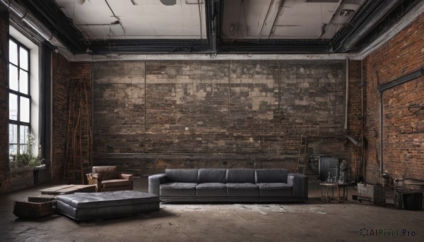 day,indoors,no humans,window,chair,table,sunlight,plant,box,scenery,couch,wooden floor,door,potted plant,lamp,wall,cabinet,tiles,brick wall,carpet,rug,brick