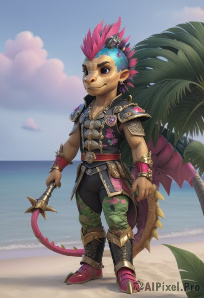 solo,looking at viewer,smile,1boy,holding,brown eyes,jewelry,standing,tail,full body,weapon,pink hair,male focus,multicolored hair,earrings,boots,outdoors,sky,day,cloud,water,holding weapon,armor,black eyes,tree,ocean,beach,polearm,furry,sand,palm tree,furry male,mohawk,lizard tail,dragon boy,animal ears,blue hair,necklace,bracelet,two-tone hair,leaf,piercing