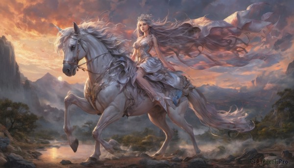 1girl,solo,long hair,breasts,dress,cleavage,bare shoulders,medium breasts,sitting,very long hair,white hair,outdoors,sky,cloud,water,white dress,tree,floating hair,bird,animal,cloudy sky,tiara,crown,wind,nature,veil,scenery,forest,sunset,mountain,fantasy,sun,riding,horse,landscape,horseback riding,unicorn,jewelry,barefoot,rock,sidesaddle