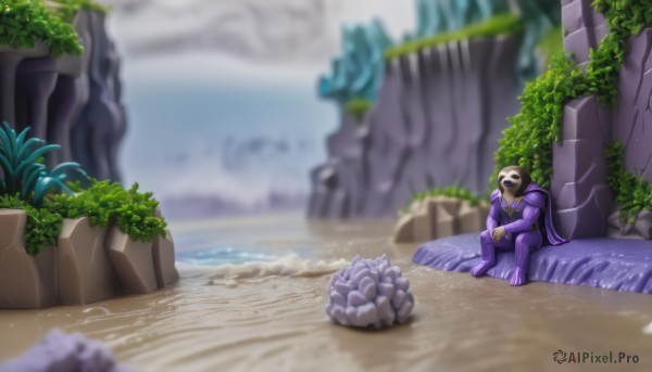 solo,1boy,sitting,male focus,outdoors,day,water,cape,blurry,mask,blurry background,beach,plant,rock,sand,bald,purple cape,striped,hood,no humans,bodysuit,waterfall,cliff