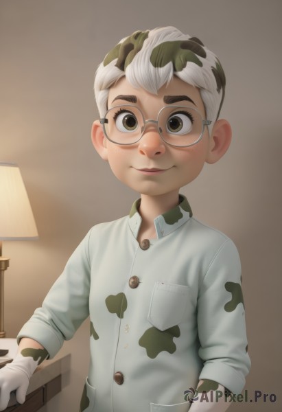 solo,looking at viewer,blush,smile,short hair,shirt,gloves,1boy,brown eyes,closed mouth,white shirt,upper body,white hair,male focus,multicolored hair,glasses,collared shirt,indoors,white gloves,two-tone hair,buttons,child,sleeves rolled up,freckles,pocket,round eyewear,lamp,breast pocket,male child,camouflage,black hair,artist name,leaf,realistic