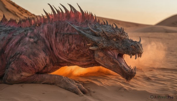 solo,open mouth,tail,yellow eyes,outdoors,horns,teeth,tongue,from side,no humans,fangs,beach,sharp teeth,claws,spikes,monster,sand,dragon,scales,desert,sky,blurry,dust,molten rock,kaijuu