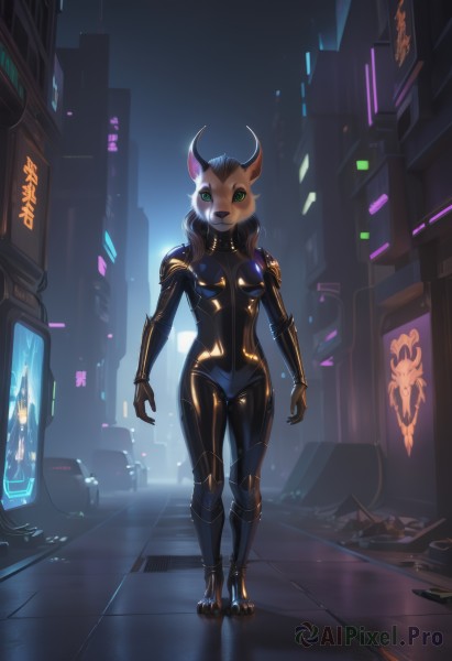 1girl,solo,long hair,breasts,looking at viewer,brown hair,animal ears,medium breasts,green eyes,standing,full body,outdoors,horns,shiny,bodysuit,covered navel,mask,night,glowing,building,skin tight,furry,reflection,science fiction,shiny clothes,city,furry female,black bodysuit,cable,latex,skyscraper,snout,cyberpunk,latex bodysuit,neon lights,digitigrade,hologram,thigh gap,cityscape,deer ears,alley