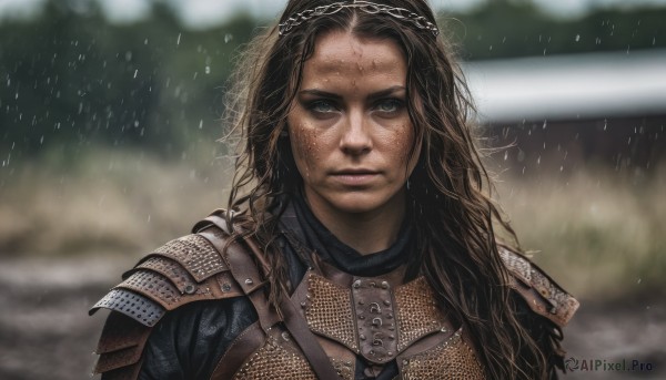 1girl,solo,long hair,looking at viewer,blue eyes,brown hair,upper body,outdoors,armor,blurry,lips,wet,blurry background,shoulder armor,portrait,freckles,rain,pauldrons,breastplate,realistic,wet hair,dirty,chainmail,black hair,parted lips,depth of field