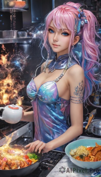 1girl,solo,long hair,breasts,looking at viewer,smile,bangs,blue eyes,large breasts,hair ornament,dress,holding,cleavage,bare shoulders,jewelry,medium breasts,closed mouth,upper body,ponytail,pink hair,multicolored hair,hairband,earrings,food,sleeveless,indoors,cup,lips,fingernails,eyelashes,tattoo,detached collar,sleeveless dress,blue dress,fire,high ponytail,knife,steam,armlet,plate,fish,bowl,mug,pink lips,spoon,cooking,kitchen,frying pan,shrimp,stove,tempura,cutting board,watermark,realistic