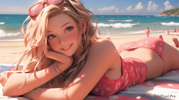 1girl,solo,long hair,breasts,looking at viewer,blush,smile,blue eyes,blonde hair,brown hair,bare shoulders,jewelry,medium breasts,swimsuit,ass,heart,bikini,earrings,outdoors,lying,parted lips,sky,barefoot,teeth,solo focus,day,cloud,water,grin,bracelet,blue sky,lips,grey eyes,shadow,ocean,beach,sunlight,sunglasses,on stomach,towel,eyewear on head,head rest,hoop earrings,pink lips,sand,horizon,pink bikini,shade,the pose,beach towel,shirt,artist name,looking to the side,bird,arm support,piercing,floral print,cloudy sky,tank top,ear piercing,forehead,red bikini,butt crack,realistic,nose,bikini bottom only,waves,feet up,seagull