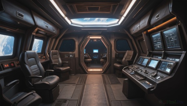 indoors,no humans,window,chair,scenery,science fiction,realistic,space,computer,monitor,planet,earth (planet),spacecraft,cockpit,seat,sitting,screen