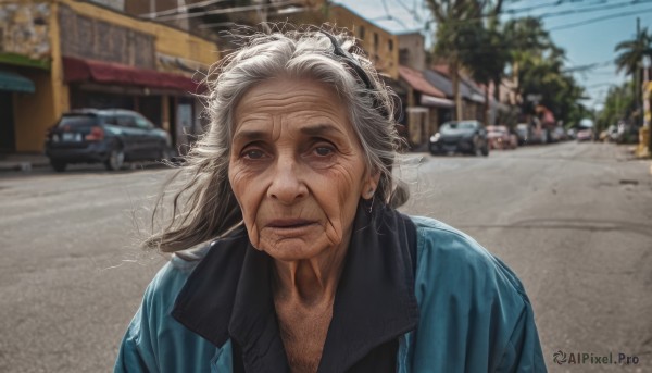 1girl,solo,looking at viewer,blue eyes,shirt,1boy,jewelry,jacket,upper body,white hair,grey hair,earrings,outdoors,day,blurry,tree,lips,blurry background,blue jacket,ground vehicle,building,messy hair,motor vehicle,realistic,car,road,old,power lines,old man,street,photo background,old woman,wrinkled skin,closed mouth,male focus,sky,grey eyes,black shirt,depth of field,facial hair,scar,parody